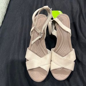 Ladies size 11 crocs beige heel wedges.